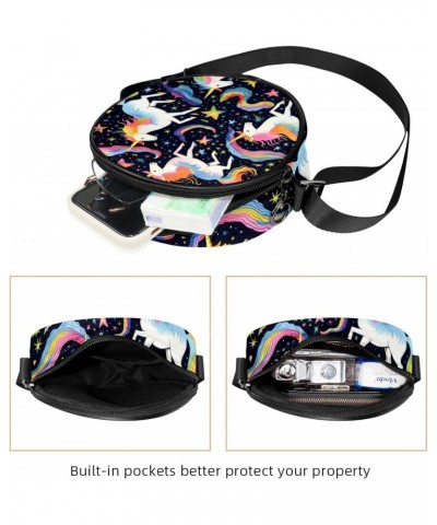 Round Crossbody Purse for Women, Shoulder Bag, Unicorn Rainbow Star Cartoon $8.80 Crossbody Bags