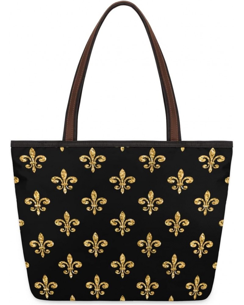 Women Tote Bag Large Handbag Golden Fleur-de-lis Pattern Shoulder Bag Zippered Satchel Purse Work Travel Beach Bag $13.04 Sat...