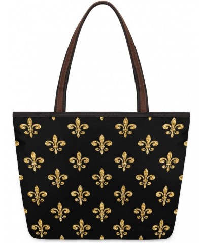 Women Tote Bag Large Handbag Golden Fleur-de-lis Pattern Shoulder Bag Zippered Satchel Purse Work Travel Beach Bag $13.04 Sat...