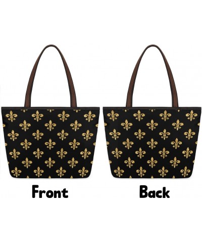 Women Tote Bag Large Handbag Golden Fleur-de-lis Pattern Shoulder Bag Zippered Satchel Purse Work Travel Beach Bag $13.04 Sat...