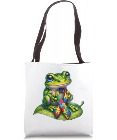 Autism Awareness Cute Frog Yellow Red Blue Animal Ribbon Tote Bag $10.80 Totes