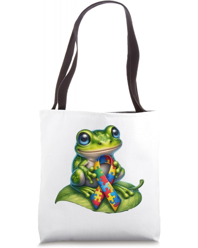 Autism Awareness Cute Frog Yellow Red Blue Animal Ribbon Tote Bag $10.80 Totes