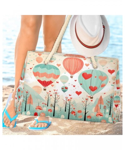 Hot Air Balloons Love Beach Bags for Women Large Tote Bag with Zipper and Pockets Waterproof Sandproof Accessories Swim Pool ...