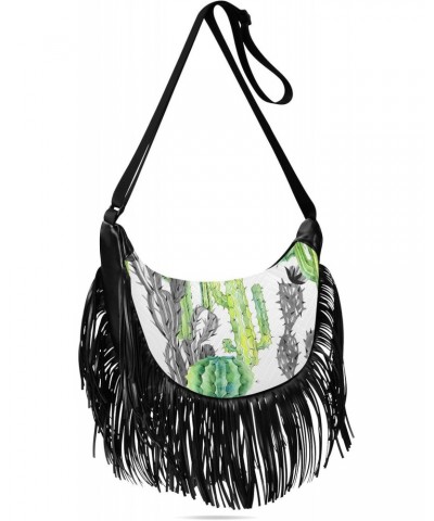 Floral Tassel Crossbody Bag Hawaii Green Grey Cactus Women Fringe Boho Handbag Hippie Purse Vintage Bohemian Shoulder Bag '70...