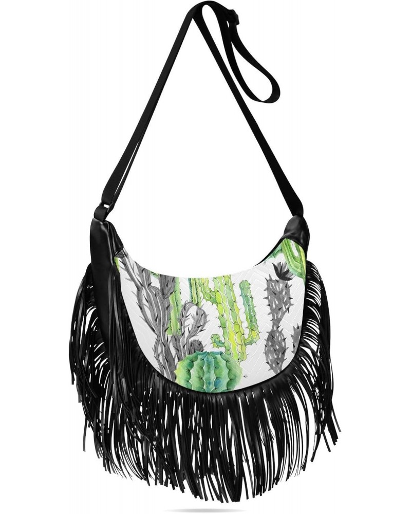 Floral Tassel Crossbody Bag Hawaii Green Grey Cactus Women Fringe Boho Handbag Hippie Purse Vintage Bohemian Shoulder Bag '70...