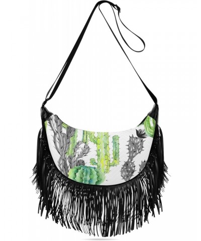 Floral Tassel Crossbody Bag Hawaii Green Grey Cactus Women Fringe Boho Handbag Hippie Purse Vintage Bohemian Shoulder Bag '70...