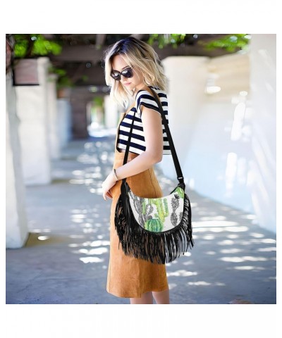 Floral Tassel Crossbody Bag Hawaii Green Grey Cactus Women Fringe Boho Handbag Hippie Purse Vintage Bohemian Shoulder Bag '70...