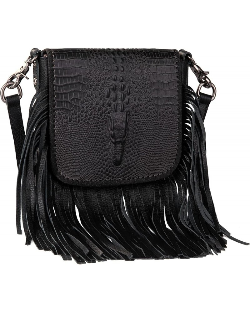 Western Crossbody Bags for Women Cowgirl Small Tooled Fringe Leather Purse B1-3d Embossed Crocodile-black $20.25 Crossbody Bags