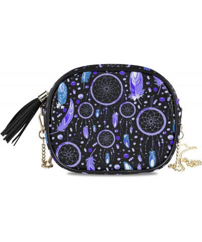 Small Crossbody Bag Purple Dream Catcher Feathers Womens Shoulder Chain Bag PU Leather Small Purse With Tassel $10.56 Shoulde...