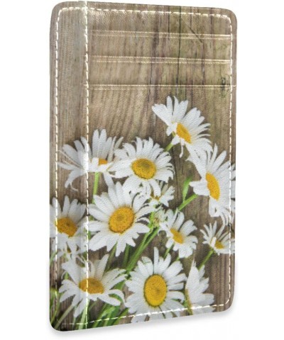 Daisy Flowers on Wooden Slim Minimalist Wallet Rfid Blocking Card Wallets PU Leather Front Pocket Wallets $10.25 Wallets