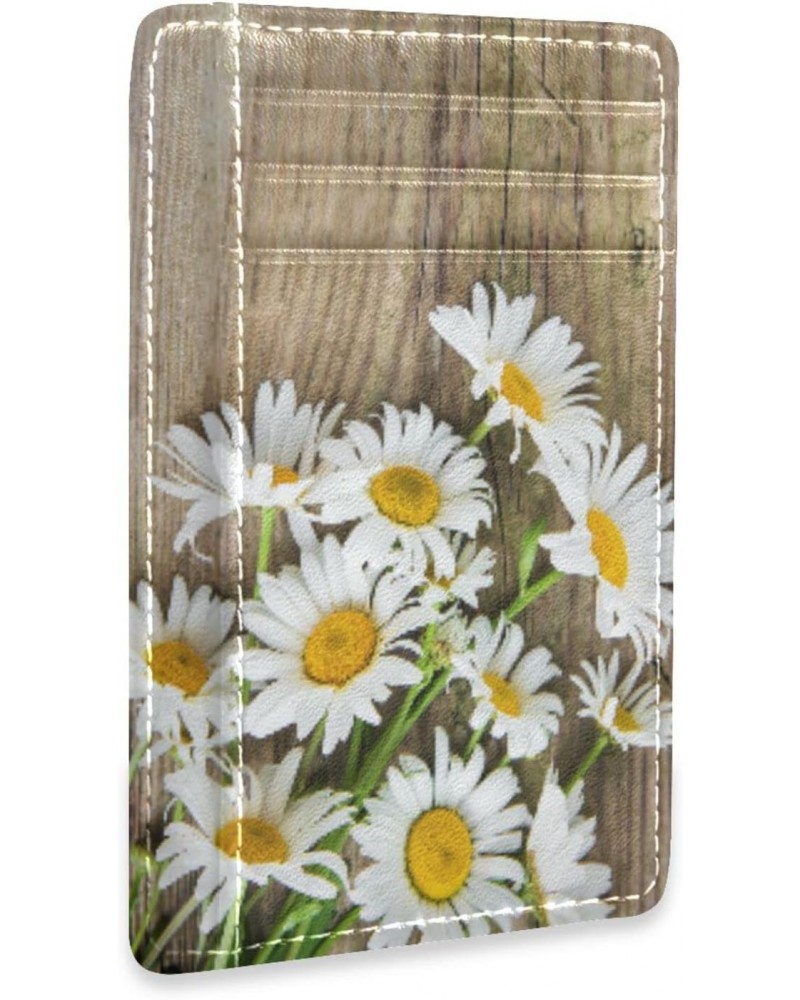 Daisy Flowers on Wooden Slim Minimalist Wallet Rfid Blocking Card Wallets PU Leather Front Pocket Wallets $10.25 Wallets