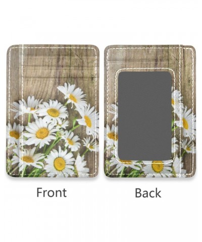 Daisy Flowers on Wooden Slim Minimalist Wallet Rfid Blocking Card Wallets PU Leather Front Pocket Wallets $10.25 Wallets