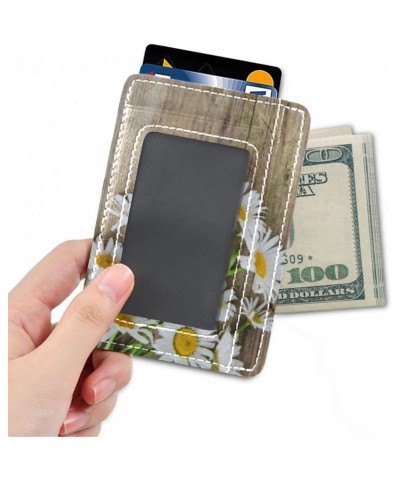 Daisy Flowers on Wooden Slim Minimalist Wallet Rfid Blocking Card Wallets PU Leather Front Pocket Wallets $10.25 Wallets