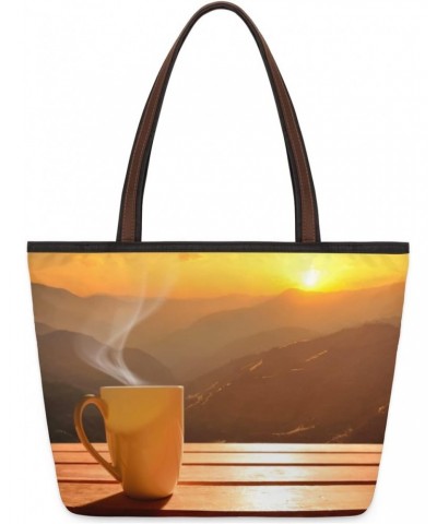 Coffee Cup on Table Sunset Large Tote Bag For Women Shoulder Handbags with Zippper Top Handle Satchel Bags for Shopping Trave...