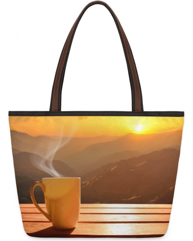 Coffee Cup on Table Sunset Large Tote Bag For Women Shoulder Handbags with Zippper Top Handle Satchel Bags for Shopping Trave...