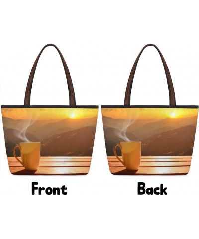 Coffee Cup on Table Sunset Large Tote Bag For Women Shoulder Handbags with Zippper Top Handle Satchel Bags for Shopping Trave...