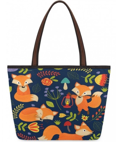 Cute Animal Fox Flower Large Tote Bag For Women Shoulder Handbags with Zippper Top Handle Satchel Bags for Shopping Travel Gy...