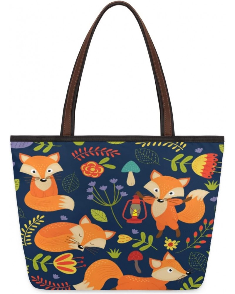 Cute Animal Fox Flower Large Tote Bag For Women Shoulder Handbags with Zippper Top Handle Satchel Bags for Shopping Travel Gy...