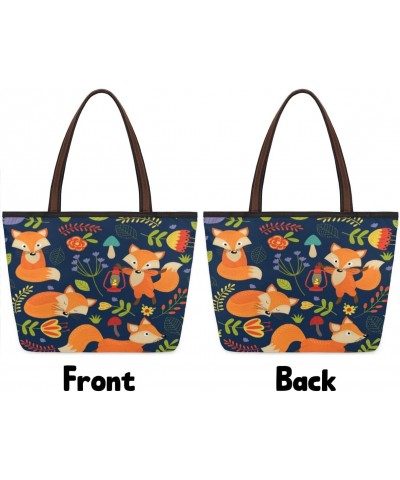 Cute Animal Fox Flower Large Tote Bag For Women Shoulder Handbags with Zippper Top Handle Satchel Bags for Shopping Travel Gy...