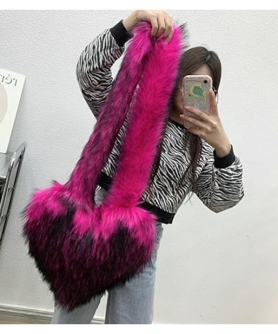 Furry Heart Shaped Crossbody Bag for Women - Plush Y2K Handbag with Soft Shoulder Strap Large Rose Pink $21.12 Shoulder Bags