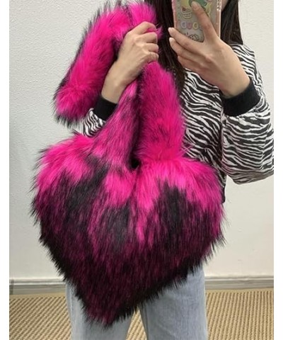 Furry Heart Shaped Crossbody Bag for Women - Plush Y2K Handbag with Soft Shoulder Strap Large Rose Pink $21.12 Shoulder Bags