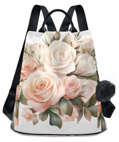 Pink-white Roses Travel Backpack Purse for Women Multipurpose Design Ladies Fashion Bag with Pompom $21.99 Backpacks