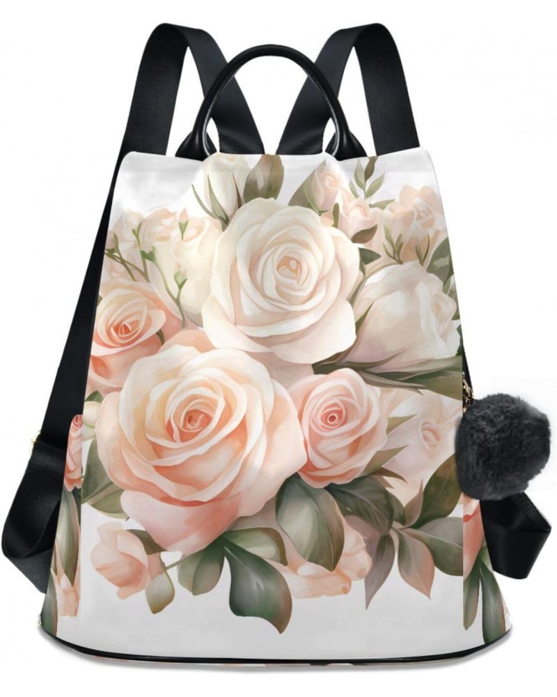 Pink-white Roses Travel Backpack Purse for Women Multipurpose Design Ladies Fashion Bag with Pompom $21.99 Backpacks