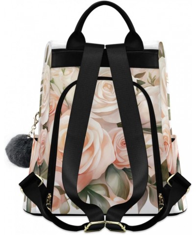 Pink-white Roses Travel Backpack Purse for Women Multipurpose Design Ladies Fashion Bag with Pompom $21.99 Backpacks