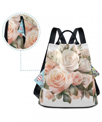 Pink-white Roses Travel Backpack Purse for Women Multipurpose Design Ladies Fashion Bag with Pompom $21.99 Backpacks