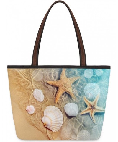 Starfish And Seashell In Sea Water Large Tote Bag For Women Shoulder Handbags with Zippper Top Handle Satchel Bags for Shoppi...