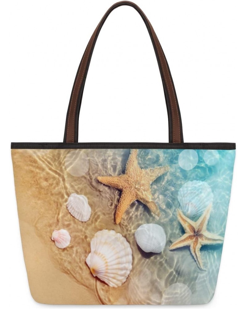 Starfish And Seashell In Sea Water Large Tote Bag For Women Shoulder Handbags with Zippper Top Handle Satchel Bags for Shoppi...