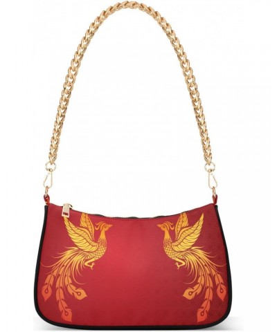 Chinese Phoenix Gold Red Small Chain Shoulder Bag for Women Travel Hobo Tote Handbag Clutch Purse with Zipper $13.50 Totes