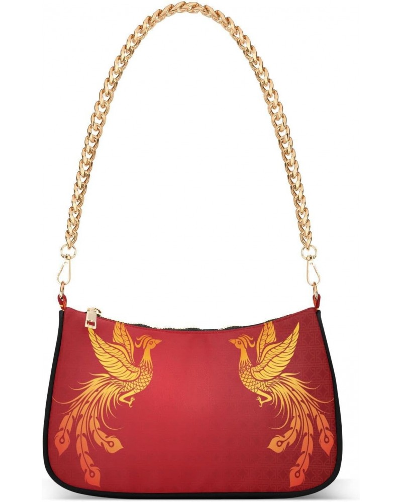 Chinese Phoenix Gold Red Small Chain Shoulder Bag for Women Travel Hobo Tote Handbag Clutch Purse with Zipper $13.50 Totes