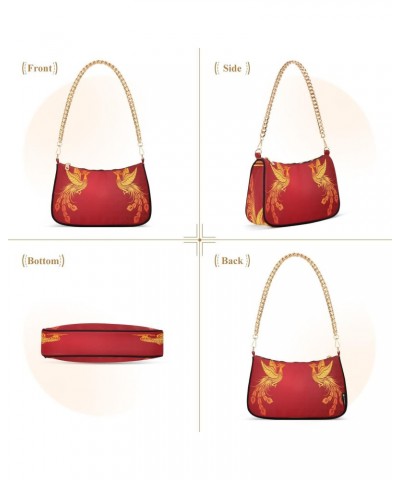 Chinese Phoenix Gold Red Small Chain Shoulder Bag for Women Travel Hobo Tote Handbag Clutch Purse with Zipper $13.50 Totes