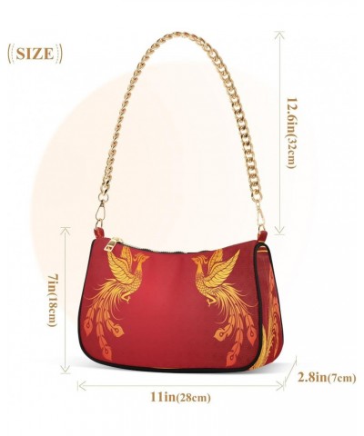 Chinese Phoenix Gold Red Small Chain Shoulder Bag for Women Travel Hobo Tote Handbag Clutch Purse with Zipper $13.50 Totes