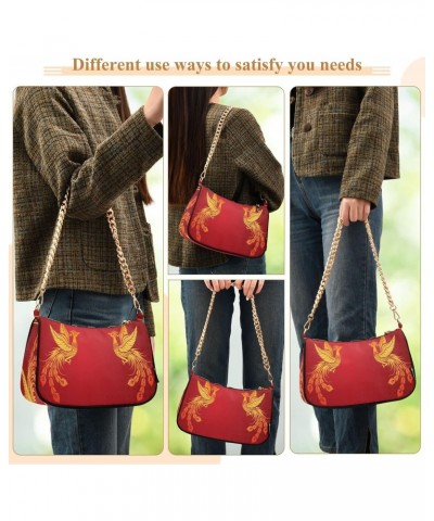 Chinese Phoenix Gold Red Small Chain Shoulder Bag for Women Travel Hobo Tote Handbag Clutch Purse with Zipper $13.50 Totes