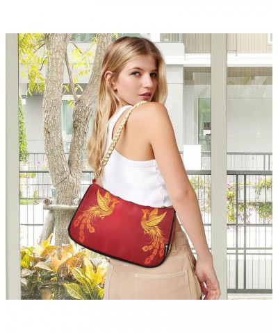 Chinese Phoenix Gold Red Small Chain Shoulder Bag for Women Travel Hobo Tote Handbag Clutch Purse with Zipper $13.50 Totes