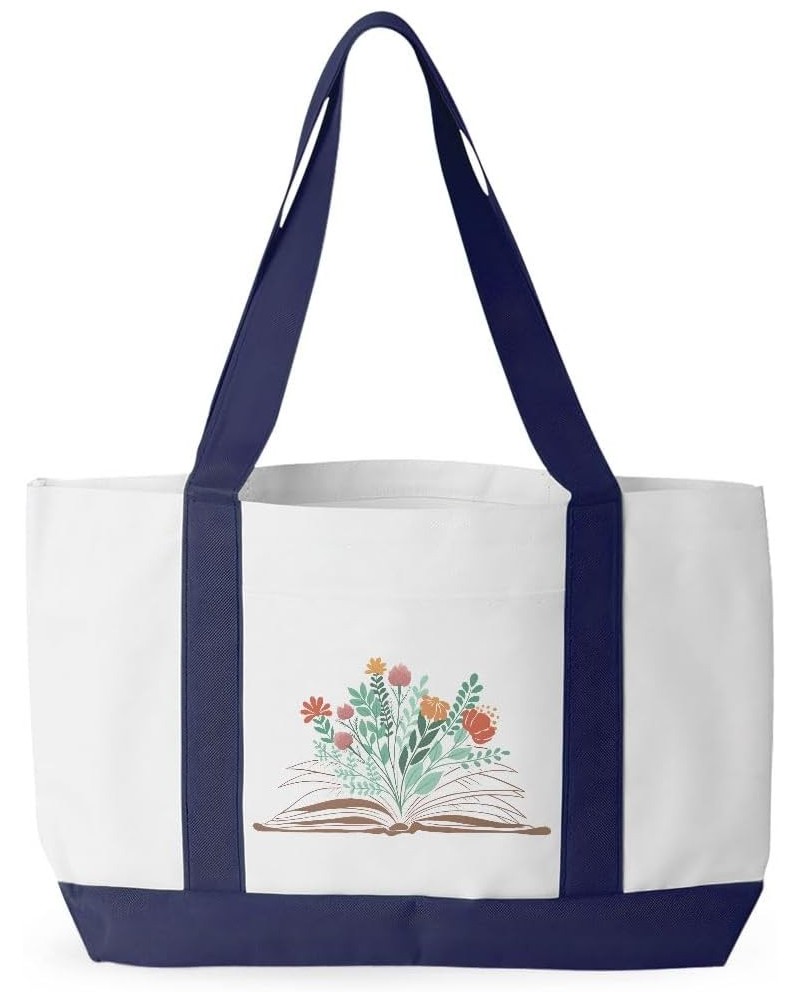 Comfort Colors Flower Cruiser Tote Bag - Book Lover Gift - Book Bag White Navy $15.18 Totes