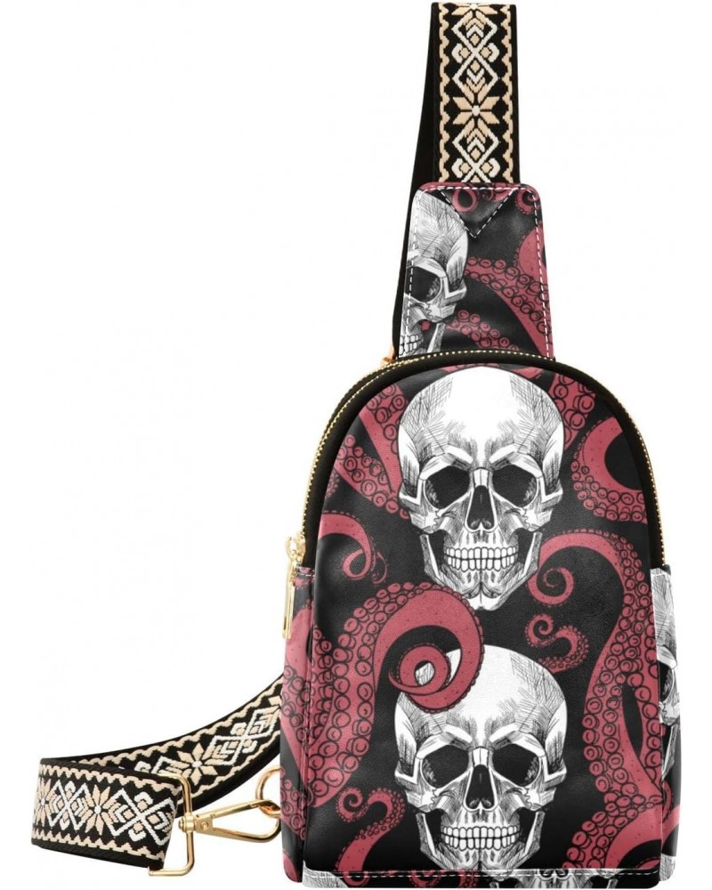 Skull Octopus Crossbody Sling Bag for Women Men Leather Chest Bags Purse Adjustable Cross Body Daypack for Outdoors Travel Wo...