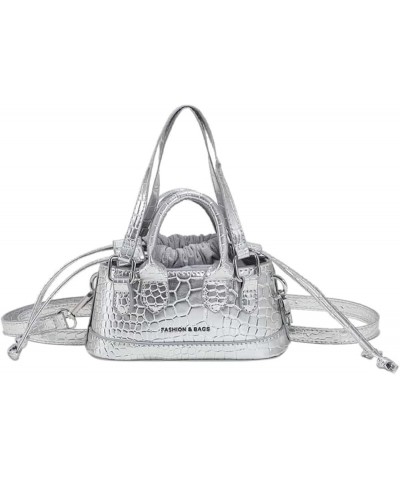 Women's Small Crossbody Purse Bucket Satchel Shoulder Bag Snakeskin Double Handle Bag Silver One Size Silver $31.03 Totes