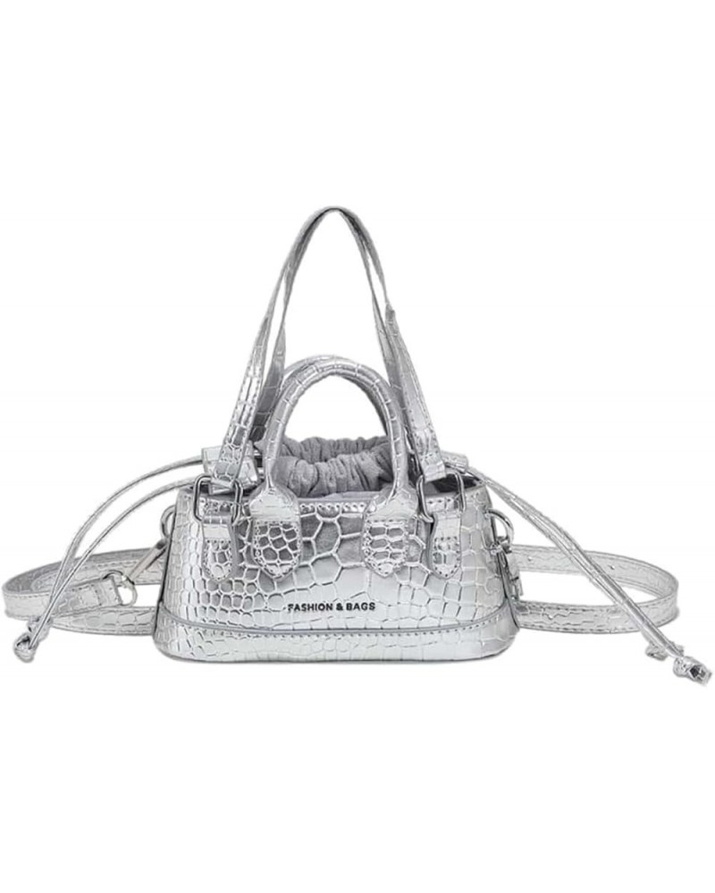 Women's Small Crossbody Purse Bucket Satchel Shoulder Bag Snakeskin Double Handle Bag Silver One Size Silver $31.03 Totes