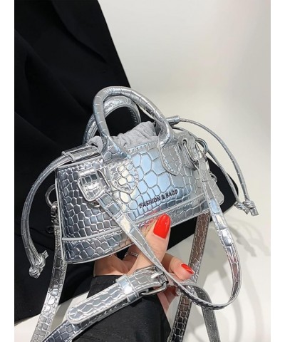 Women's Small Crossbody Purse Bucket Satchel Shoulder Bag Snakeskin Double Handle Bag Silver One Size Silver $31.03 Totes