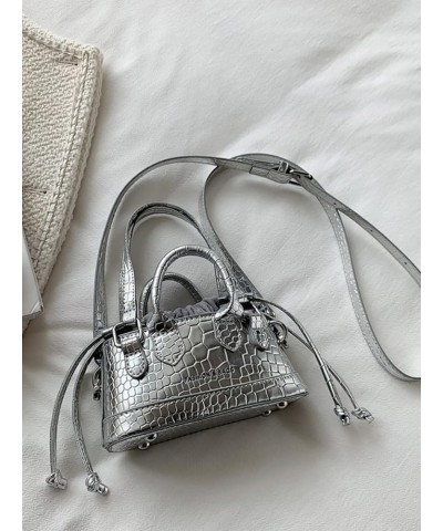 Women's Small Crossbody Purse Bucket Satchel Shoulder Bag Snakeskin Double Handle Bag Silver One Size Silver $31.03 Totes