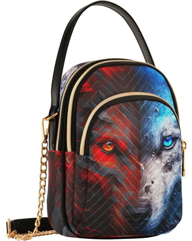 Pattern Fire Ice Wolf Face Crossbody Shoulder Bags for Women, Compact Fashion Sling Bag with Chain Strap Top handle for Eveni...