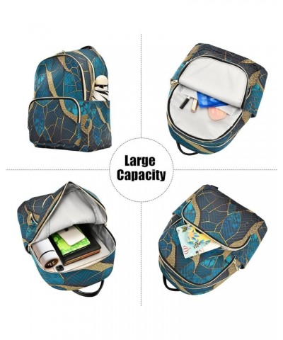 Backpack Purse for Women Blue Marbled 3d, Mini Fashion Backpack Golden Glitters Lines Lightweight Casual Daypack Shoulder Bag...