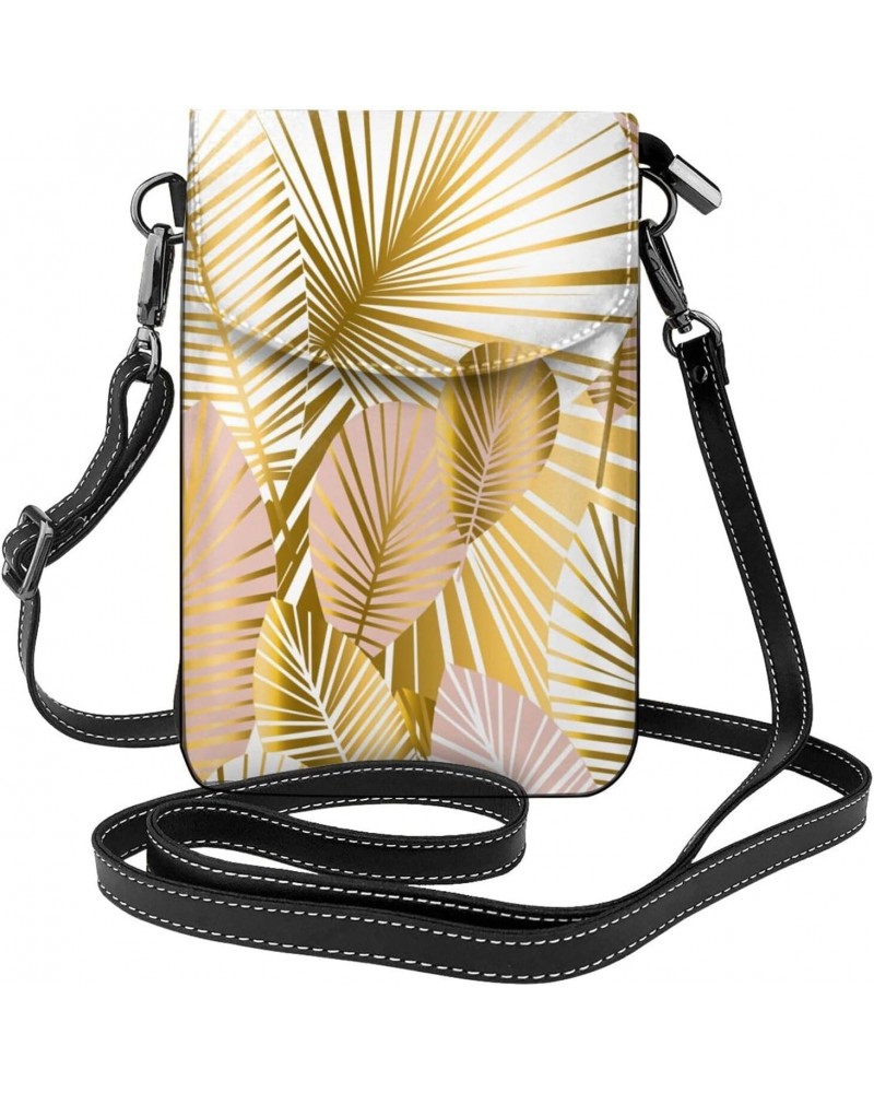 Gold Pale Rose Leaves Women Cell Phone Purse Lightweight Leather Mini Cell Phone Pouch Shoulder Bag $23.97 Shoulder Bags