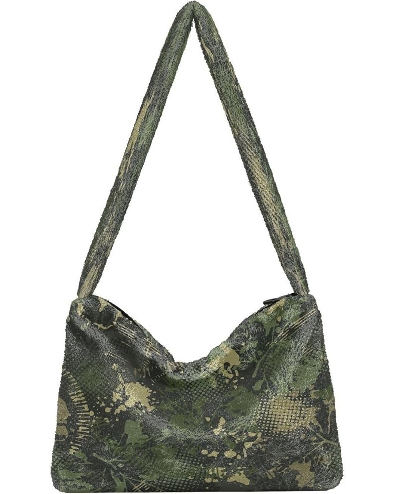 Abstract Floral Camouflage Animal Shoulder Tote Bag, Fluffy Tote Designer Crossbody Hobo Bag Green Camouflage Paint $8.61 Totes