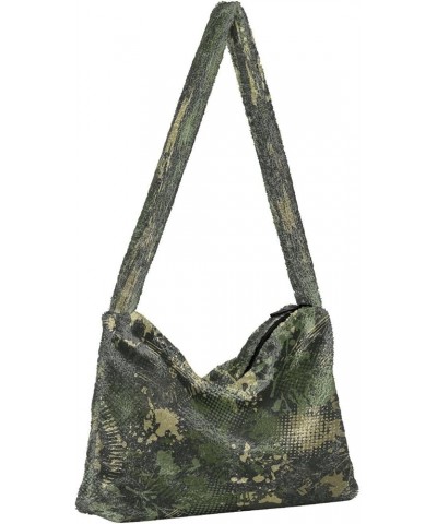 Abstract Floral Camouflage Animal Shoulder Tote Bag, Fluffy Tote Designer Crossbody Hobo Bag Green Camouflage Paint $8.61 Totes