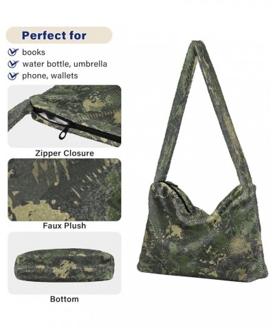 Abstract Floral Camouflage Animal Shoulder Tote Bag, Fluffy Tote Designer Crossbody Hobo Bag Green Camouflage Paint $8.61 Totes