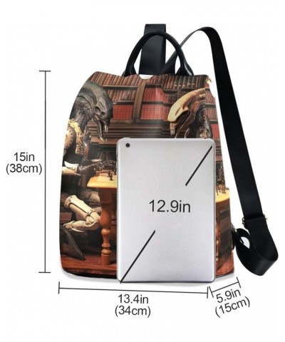 Cat and Partner Rucksack Backpack for Women Anti Theft Back Zipper Pocket Design Travel Bag with Pompom Aliens Play Chess $25...